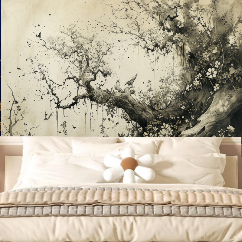 Grey Huge Tree Flowers and Birds Wallpaper Wall Mural Home Decor