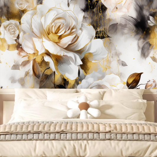 White and Golden Flowers Floral Wallpaper Wall Mural Home Decor