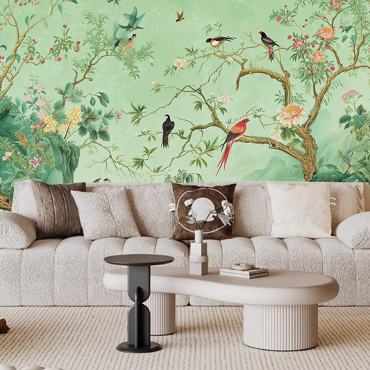 Chinoiserie Mint Green Background Tree Flowers with Many Birds Wallpaper Wall Mural Home Decor