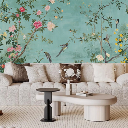 Chinoiserie Sky Blue Background Tree Flowers with Many Birds Wallpaper Wall Mural Home Decor