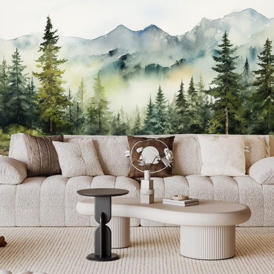Watercolor Green Pine Tree Forest with Mountains Wallpaper Wall Mural Home Decor