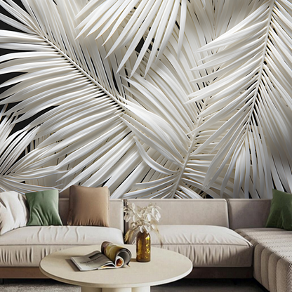 Dark Background White Palm Leaf Wallpaper Wall Mural Wall Decor