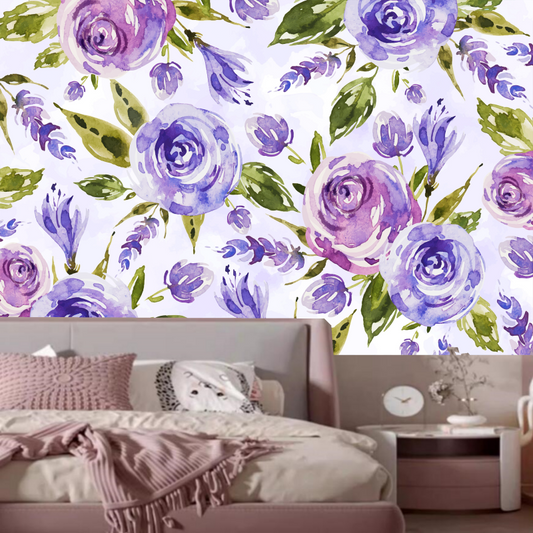 Watercolor Purple Flowers Floral and Leaves Herbs Kids' Baby Girls' Room Nursery Wallpaper Wall Mural Home Decor