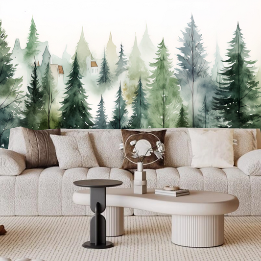 Watercolor Green Pine Tree Forest Wallpaper Wall Mural Home Decor