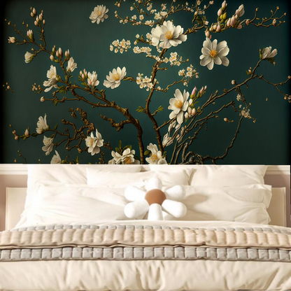 Dark Green Background White Magnolia Flowers Floral Wallpaper Wall Mural Home Decor