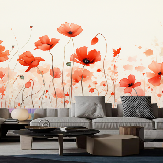 Watercolor Red Poppy Flowers Garden Field Wallpaper Wall Mural Home Decor