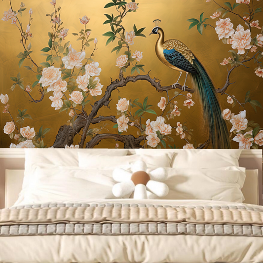 Chinoserie Golden Background Peony Flowers and Peacocks Wallpaper Wall Mural Home Decor