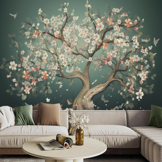 Abstract One Large Tree with Flowers and Butterflies Wallpaper Wall Mural Wall Decor