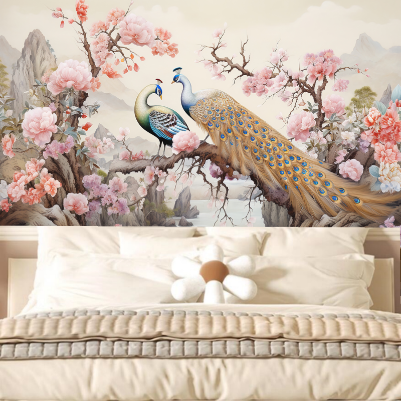 Chinoserie Pink Flowers and Peacocks Wallpaper Wall Mural Home Decor