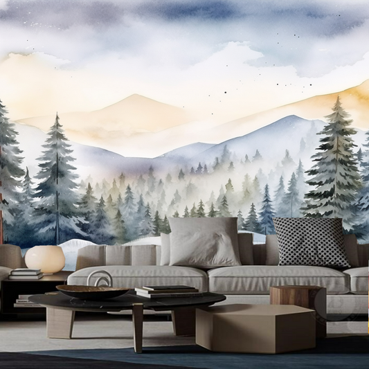 Watercolor Snowy Landscape Mountains and Tree Wallpaper Wall Mural Home Decor