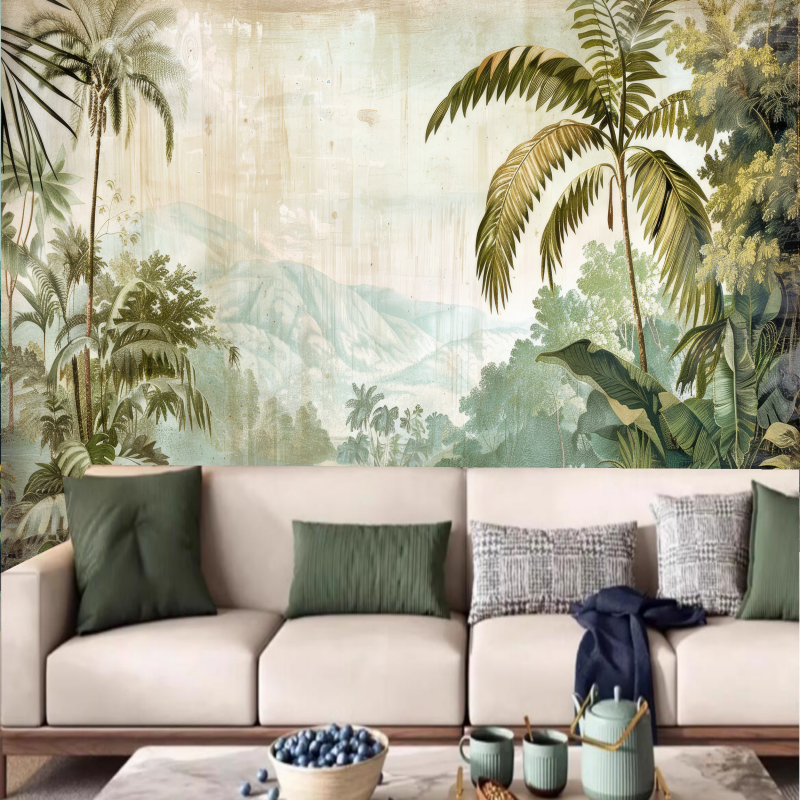 Tropical Rainforest Trees and Plants with Mountains Nature Wallpaper Wall Mural Home Decor