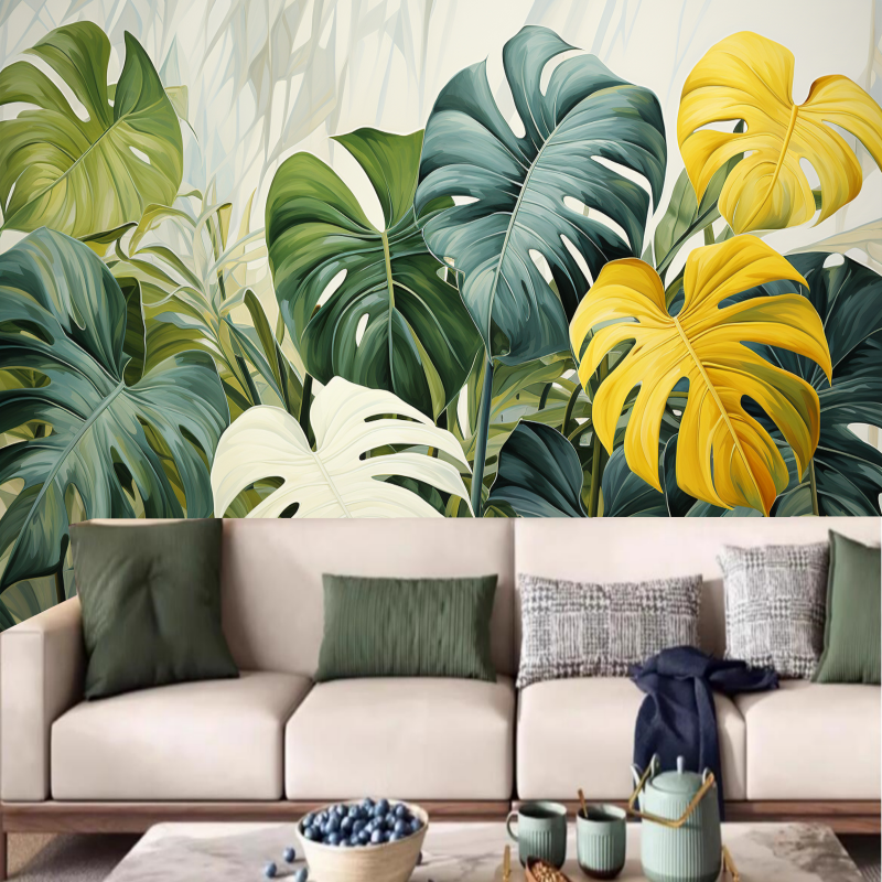 Green Leaves Tropical Plants Wallpaper Wall Mural Home Decor