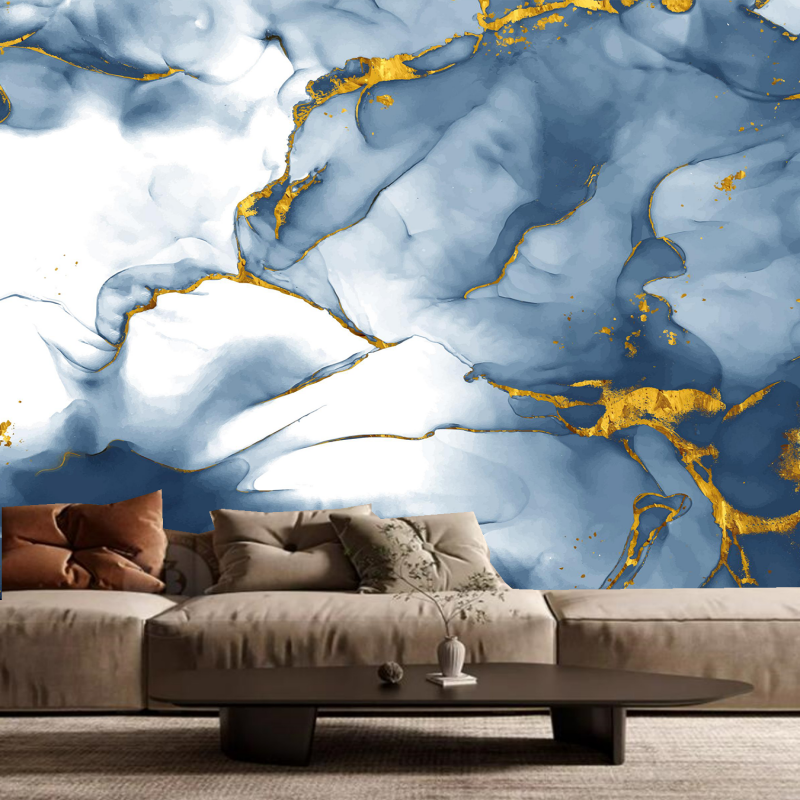 Abstract Blue and Golden Marble Wallpaper Wall Mural Home Decor