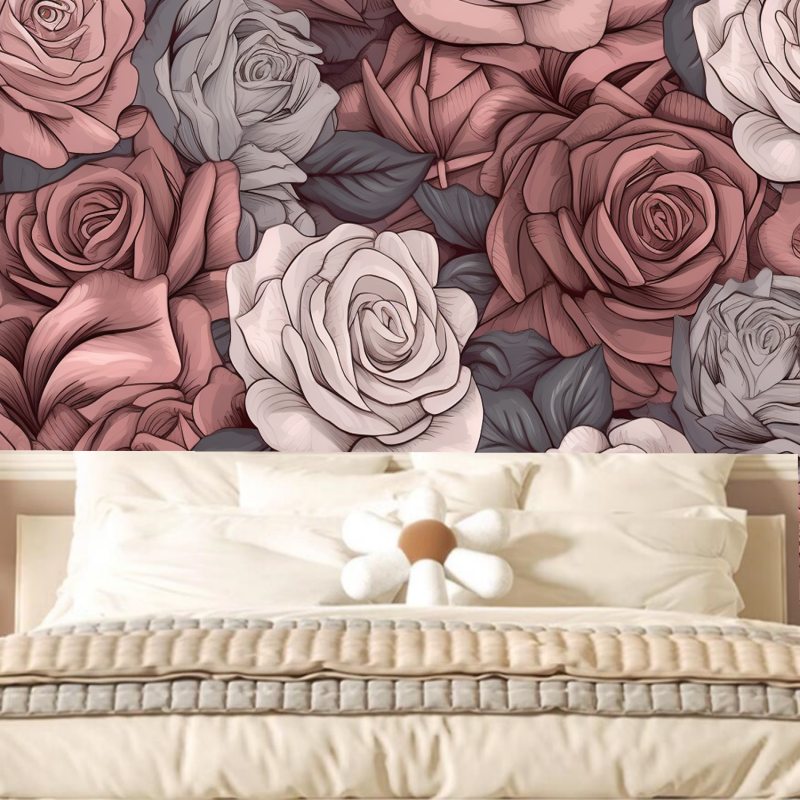 Dark Background Pink and White Flowers Rose Floral Wallpaper Wall Mural Home Decor