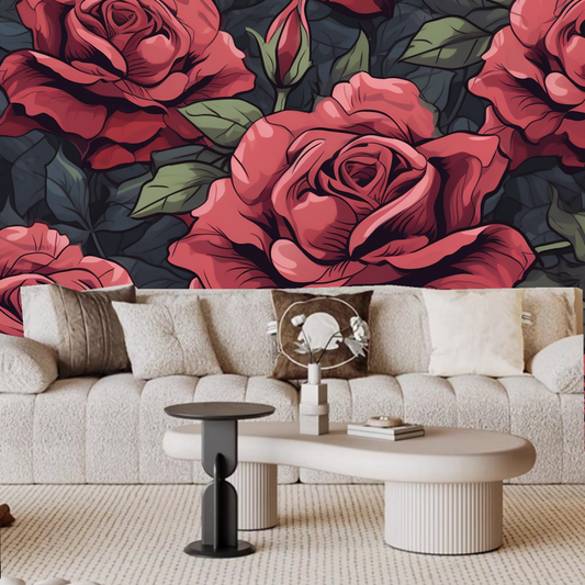 Dark Background Red Rose with Green Leaves Floral Wallpaper Wall Mural Wall Decor