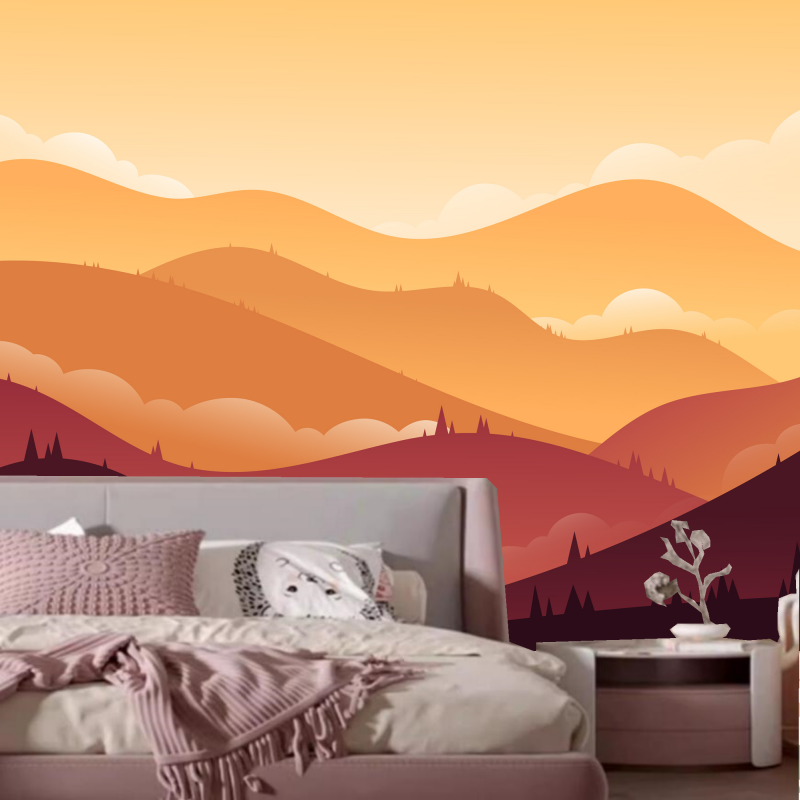 Watercolor Orange Mountains Children's Kids'Babies' Room Nursery Wallpaper Wall Mural Home Decor