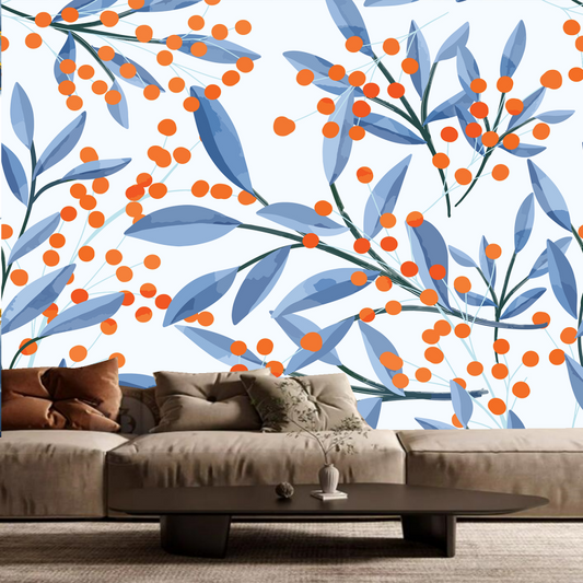 Watercolor Blue Leaves and Fruits Wallpaper Wall Mural Home Decor