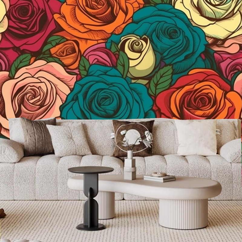 Dark Background Red and Green Rose Leaves Floral Wallpaper Wall Mural Wall Decor