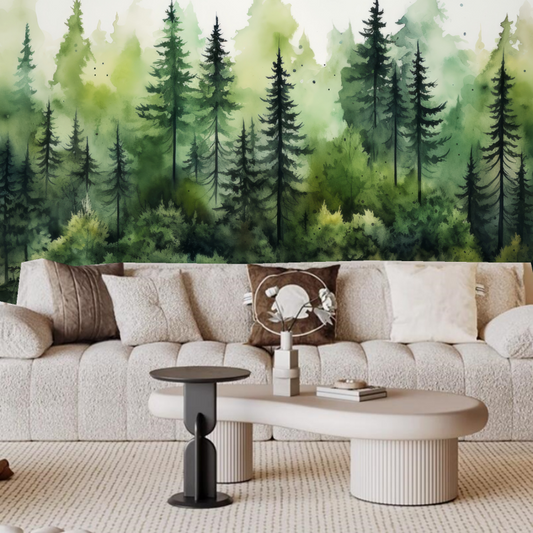Watercolor Green Leaves Pine Tree Forest Wallpaper Wall Mural Home Decor