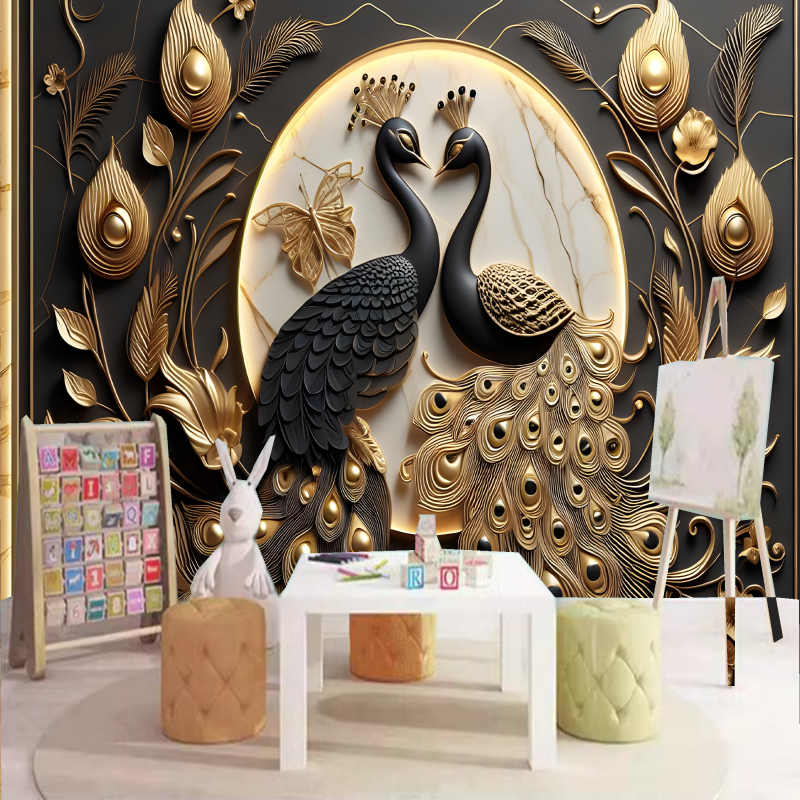 3D Gold and Black Peacocks Wallpaper Wall Mural Home Decor