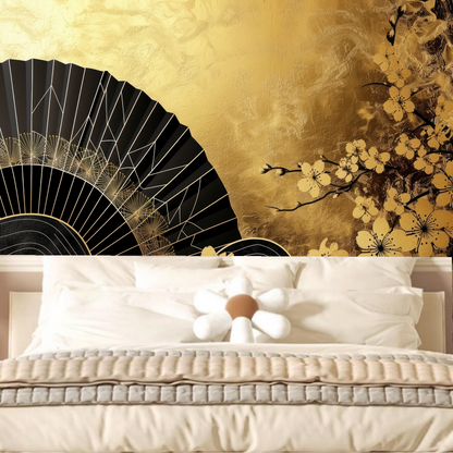 Golden Background Chinese Style Fan and Flowers Wallpaper Wall Mural Home Decor