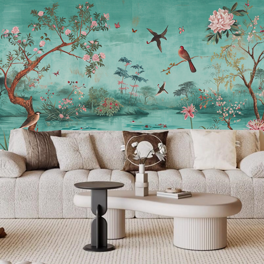 Chinoiserie Flowers and Birds Garden with Pond Wallpaper Wall Mural Home Decor