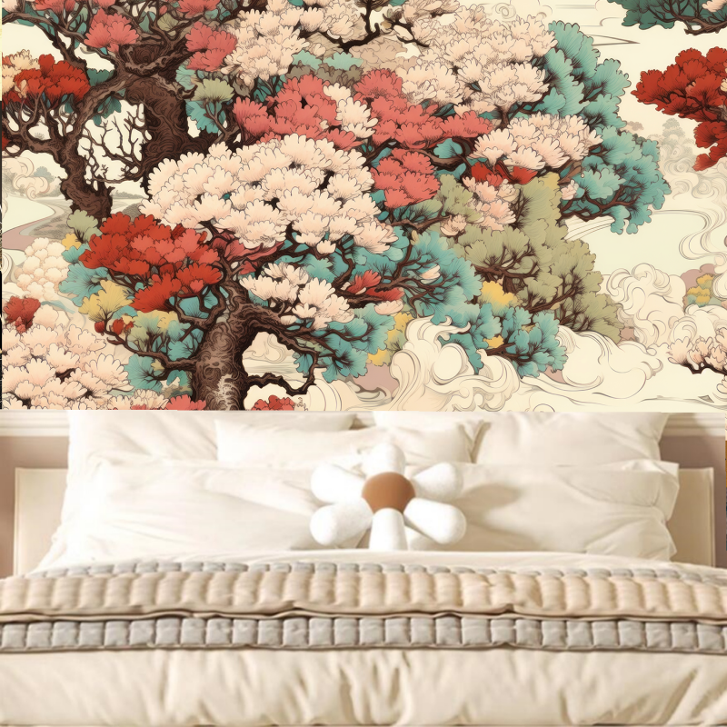 Chinese Style Pine Tree and Clouds Nature Wallpaper Wall Mural Home Decor