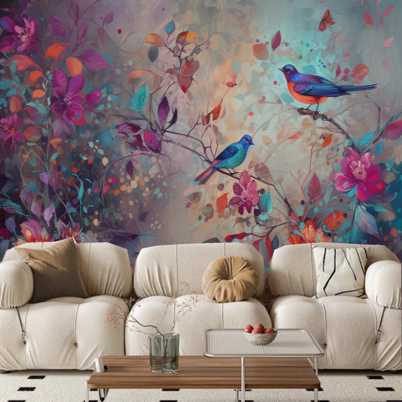 Chinoiserie Purple Vivid Birds and Flowers Floral Wallpaper Wall Mural Home Decor