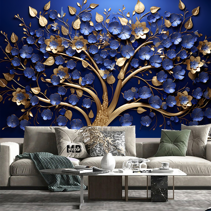 3D Hanging Blue Flowers Tree Wallpaper Wall Mural Home Decor