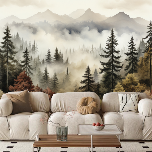 Watercolor Pine Tree Forest with Mountains Wallpaper Wall Mural Home Decor