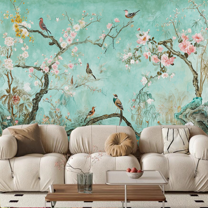 Chinoiserie Flowers Tree Branches with Birds Wallpaper Wall Mural Wall Decor