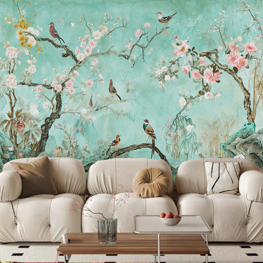 Chinoiserie Flowers Tree Branches with Birds Wallpaper Wall Mural Wall Decor