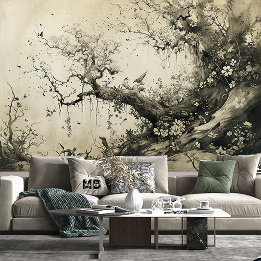 Grey Huge Tree Flowers and Birds Wallpaper Wall Mural Home Decor