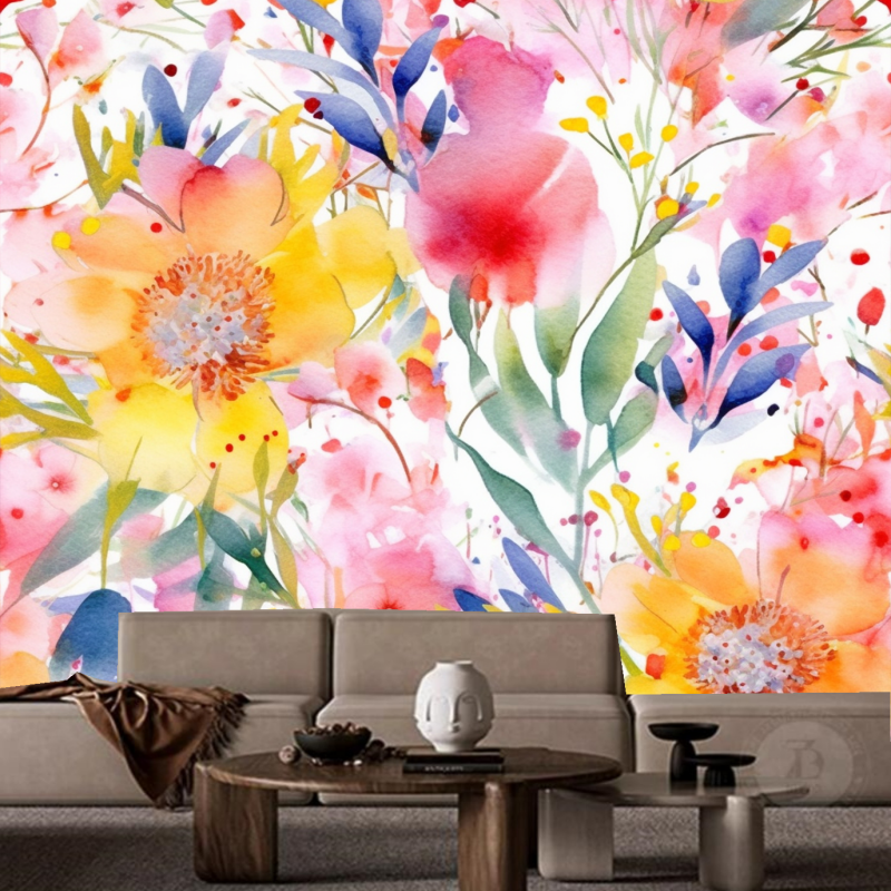 Watercolor Flowers Floral Wallpaper Wall Mural Home Decor