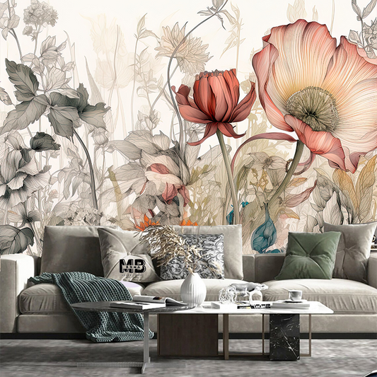 Pink Poppy Flowers Floral Wallpaper Wall Mural Home Decor