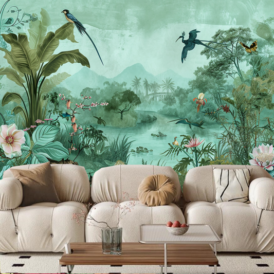 Chinoiserie Flowers Tree Branches with Birds Pound Jungle Wallpaper Wall Mural Wall Decor