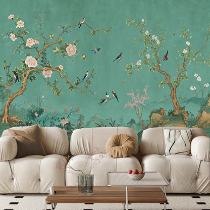 Chinoiserie Tree Flowers with Many Birds Wallpaper Wall Mural Home Decor