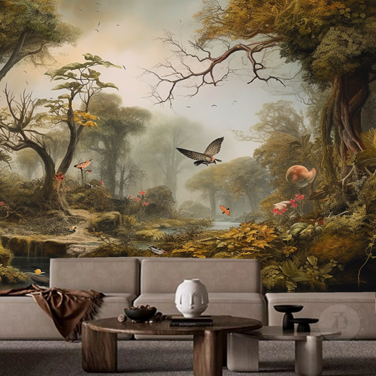 Tropical Rainforest Trees Forest Jungle with Flying Birds Wallpaper Wall Mural Home Decor