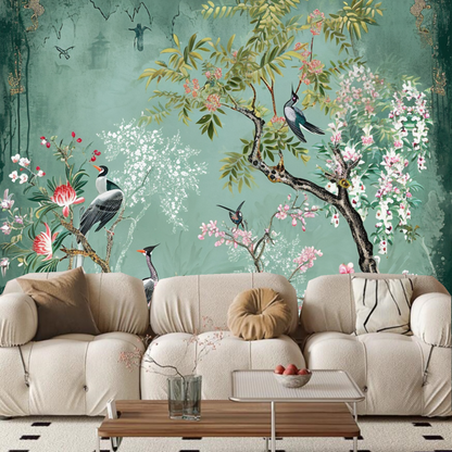 Chinoiserie Tree Flowers with Many Birds Wallpaper Wall Mural Home Decor