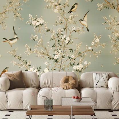 Chinoiserie Magnolia Trees with Flying Birds Wallpaper Wall Mural Wall Decor