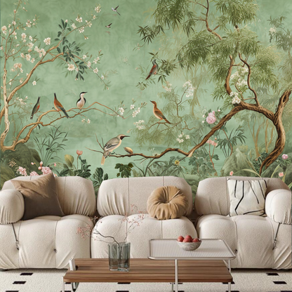 Chinoiserie Mint Green Background Tree Flowers with Many Birds Wallpaper Wall Mural Home Decor