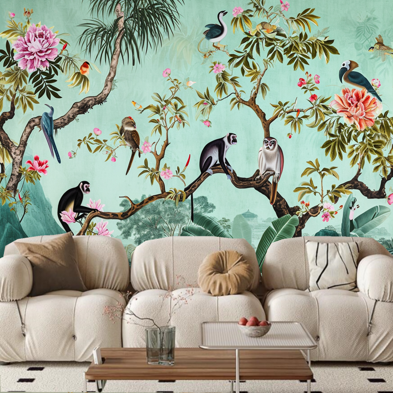 Cartoon Animals Monkeys and Birds with Flower Trees Kids' Babies' Children's Nursery Wallpaper Wall Mural Wall Decor