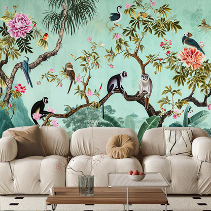 Cartoon Animals Monkeys and Birds with Flower Trees Kids' Babies' Children's Nursery Wallpaper Wall Mural Wall Decor