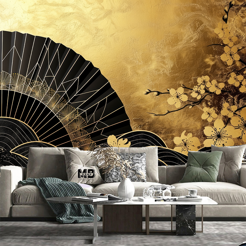 Golden Background Chinese Style Fan and Flowers Wallpaper Wall Mural Home Decor