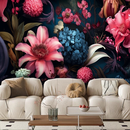 Dark Background Red Flowers Floral Wallpaper Wall Mural Wall Decor