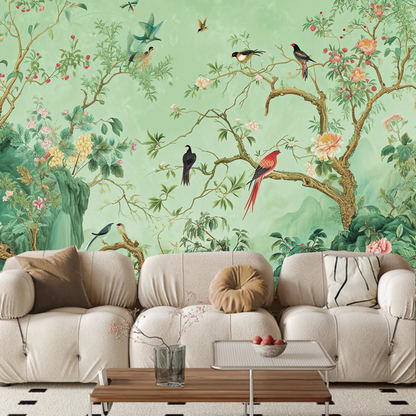 Chinoiserie Mint Green Background Tree Flowers with Many Birds Wallpaper Wall Mural Home Decor