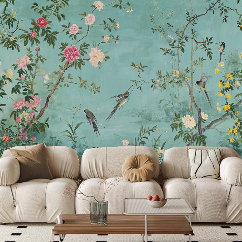 Chinoiserie Sky Blue Background Tree Flowers with Many Birds Wallpaper Wall Mural Home Decor