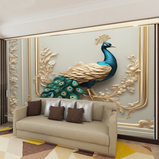 3D Blue and Golden Peacocks Wallpaper Wall Mural Home Decor