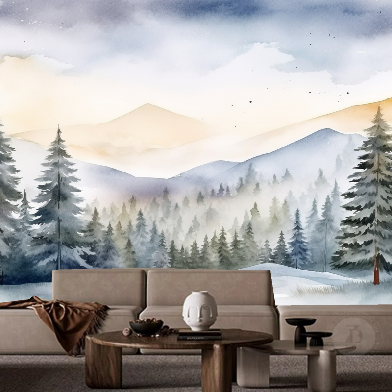 Watercolor Snowy Landscape Mountains and Tree Wallpaper Wall Mural Home Decor