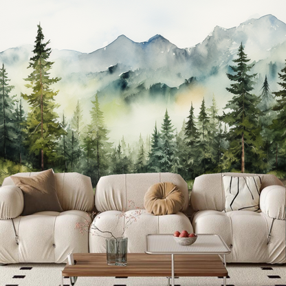 Watercolor Green Pine Tree Forest with Mountains Wallpaper Wall Mural Home Decor
